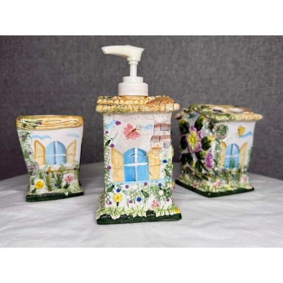 Vintage 80s 90s Ceramic‎ Floral Cottage Bathroom Set Soap Dispenser Toothbrush - Picture 2 of 5